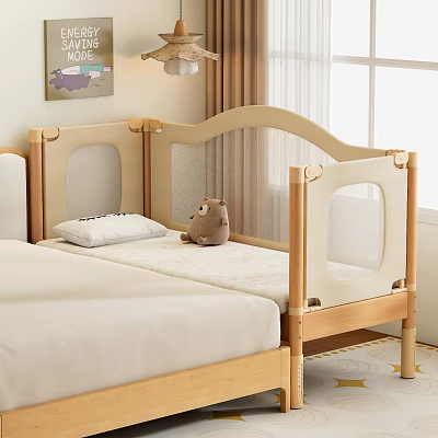 Wooden Kids Bed With Safety Rails Plush Toy Pillow And Star Patterned Rug 3d model