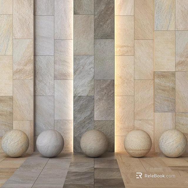 Natural Stone Wall Components With Decorative Spheres And Textured Tiles 3d model