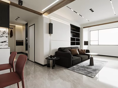 Modern Living Dining Room Interior Design With Black Sofa Coffee Table And Dining Chairs 3d model