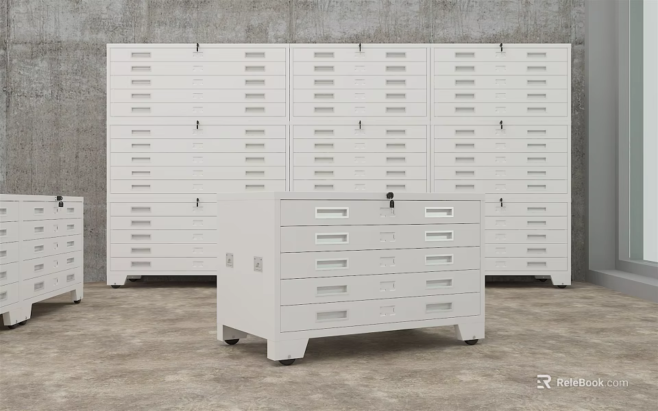 White Drawer Bookcase in Modern Industrial Style With Gray Walls And Concrete Floor 3d model