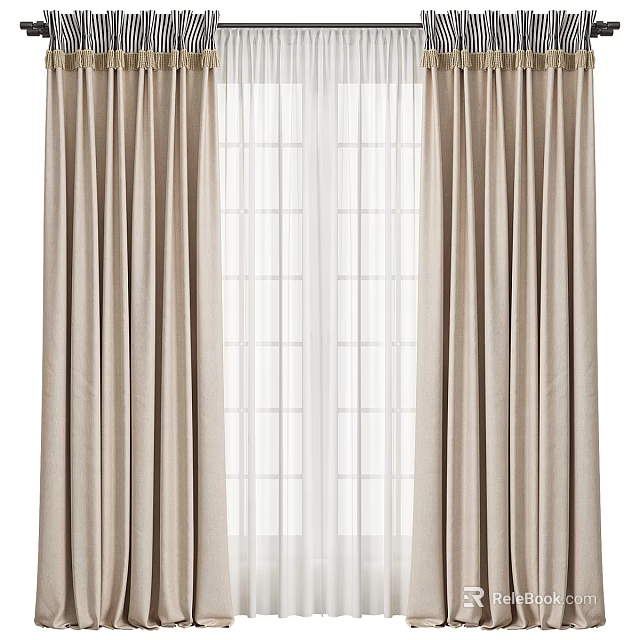 Beige Linen Curtains With Sheer White Panels For Modern Window Decoration 3d model 
