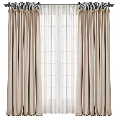 Beige Linen Curtains With Sheer White Panels For Modern Window Decoration 3d model