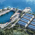 Aerial View of Industrial Factory Buildings Near Waterfront With Greenery Roads and Parking Lots