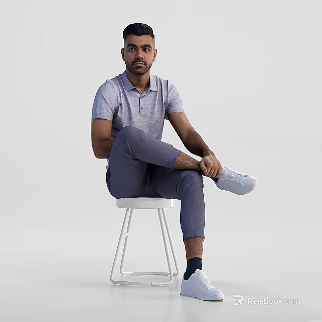 Man Sitting on White Stool in Casual Polo Shirt and Gray Pants with Light Background 3d model 