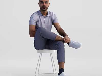 Man Sitting on White Stool in Casual Polo Shirt and Gray Pants with Light Background 3d model