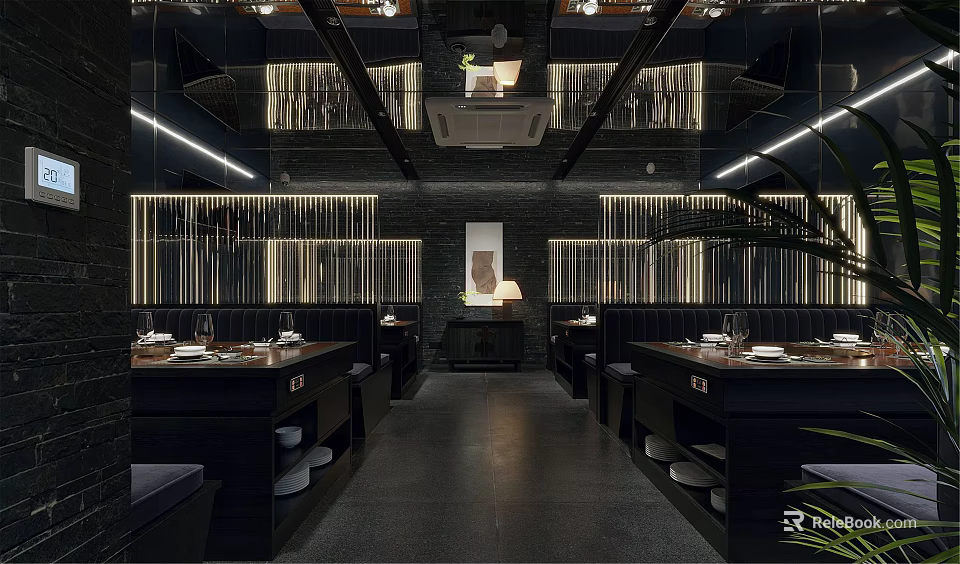 Modern Hotpot Restaurant Interior With Open Dining Space Black Decor And Pendant Lights 3d model 