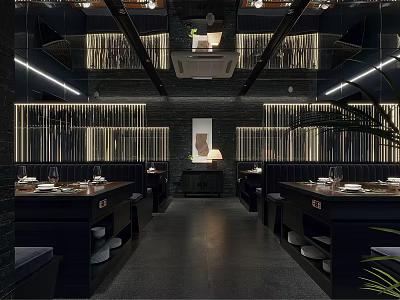 Modern Hotpot Restaurant Interior With Open Dining Space Black Decor And Pendant Lights 3d model