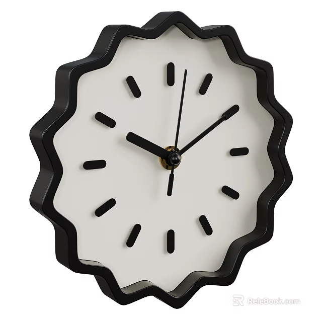 Modern Decorative Wall Clock With Black Scalloped Edge Frame White Dial And Black Hands 3d model 