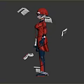 Child in Red Outfit Standing with Multiple Flying Cards on Gray Background