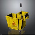 Yellow Mop Bucket With Caution Sign Wheels And Mop Handle For Cleaning