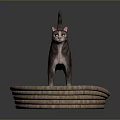 Gray Cat With Yellow Eyes Standing On Wicker Basket With Red Plaid Cushion