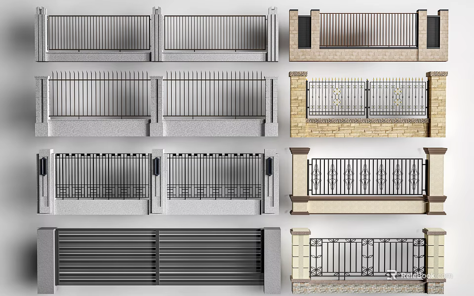Building Exterior Wall Designs Featuring Metal Rails Stone And Brick Panels 3d model 