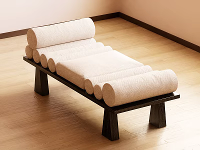 Black Wooden Bench Featuring Rolled Beige Towels On Light Room Floor 3d model