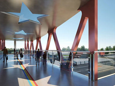 Modern Landscape Bridge With Red Pillars Star Shaped Decorations And Glass Railings 3d model