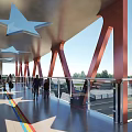 Modern Landscape Bridge With Red Pillars Star Shaped Decorations And Glass Railings