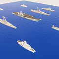 Multiple Warships Sailing Together On Blue Sea Surface With Different Sizes
