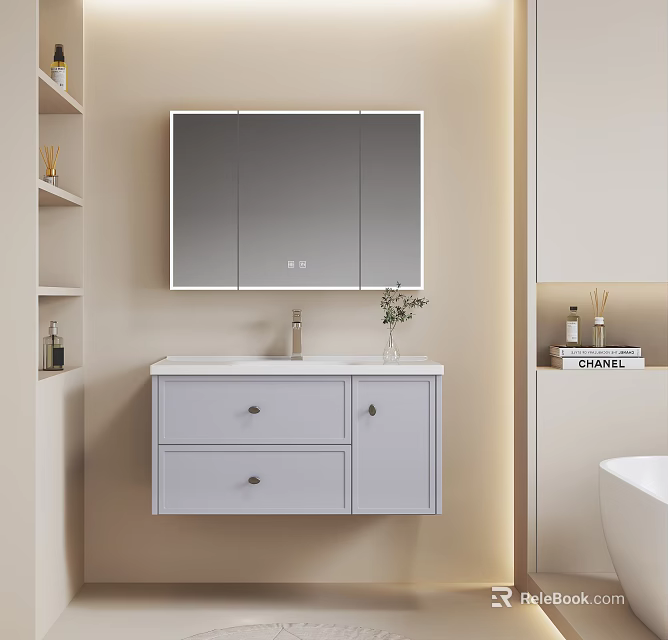 Modern Bathroom Vanity Wall Mounted White Countertop Gray Cabinet Mirror Cabinet Open Shelves Decorative Plant 3d model 