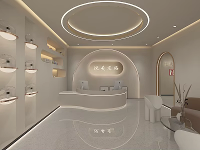 Modern Beauty Salon Interior Design With Stylish Front Desk And Elegant Lighting 3d model
