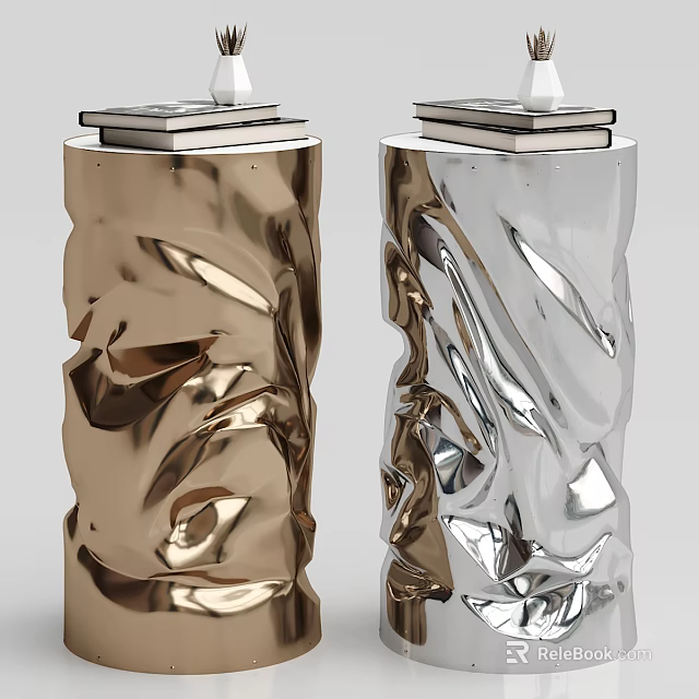 Two Gold And Silver Round Tables Featuring Metallic Wavy Texture With Stacked Items On Top 3d model 