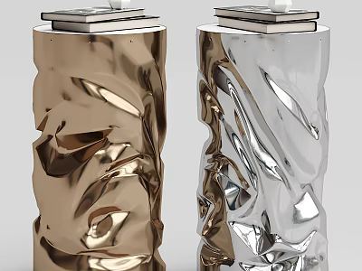 Two Gold And Silver Round Tables Featuring Metallic Wavy Texture With Stacked Items On Top 3d model