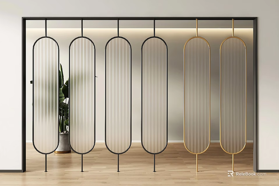 Modern Glass Room Divider With Black And Gold Frames Vertical Stripe Panels In Interior Space 3d model 