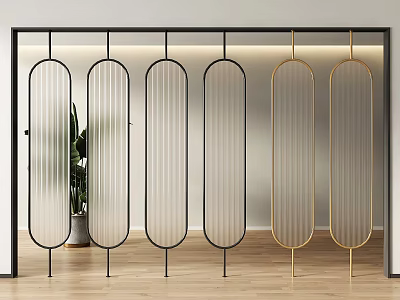 Modern Glass Room Divider With Black And Gold Frames Vertical Stripe Panels In Interior Space 3d model