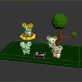 Cute Game Cartoon Animal Characters with Low Poly Tree Green Grass and Red Box