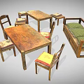 Rustic Wooden Dining Table Set With Four Chairs And Colorful Cushioned Seats