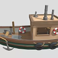 Classic Wooden Boat Featuring Deck Chimneys Lifebuoys Anchor And Coiled Rope
