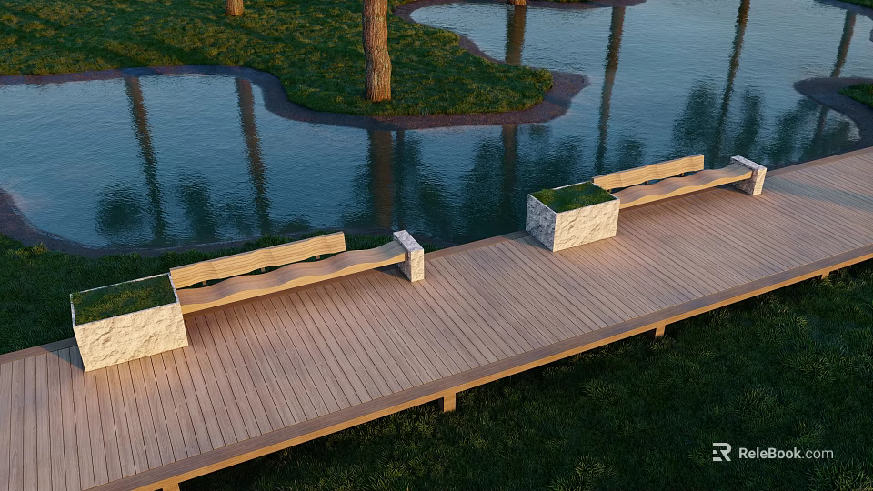 Comfortable Outdoor Chairs On Wooden Deck By Water Pond With Grass And Trees 3d model 