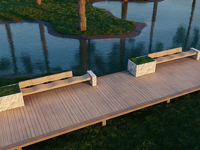 Comfortable Outdoor Chairs On Wooden Deck By Water Pond With Grass And Trees 3d model