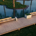 Comfortable Outdoor Chairs On Wooden Deck By Water Pond With Grass And Trees