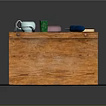 Wooden Chest With White Mug Green Cup Sunglasses Book Blue Brush Pink Lid On Mat