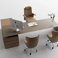 Modern Wooden Office Desk with Computer Mouse Open Book Three Chairs and Potted Plant