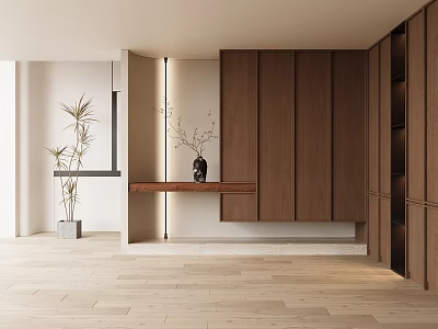 Natural Foyer Hallway With Wooden Cabinets Shelf And Potted Plants 3d model
