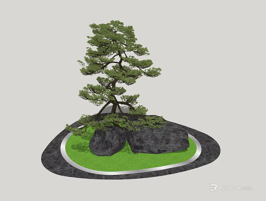 Elegant Arbor Bonsai Design With Rocks Green Grass And Circular Base 3d model 