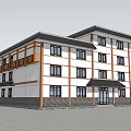 Modern Traditional Style Commercial Complex With White Walls Brown Wooden Decor And Waterfront Reflective Surface