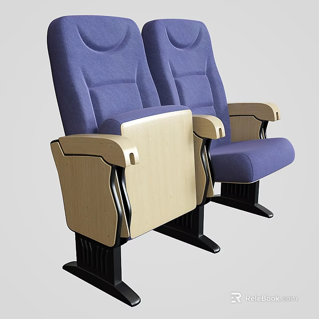 Comfortable Blue Theater Single Chair With Padded Backrest And Wooden Armrests 3d model 