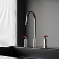 Modern Kitchen Faucet With Red Knobs On Black Countertop And Window Blinds 3d model