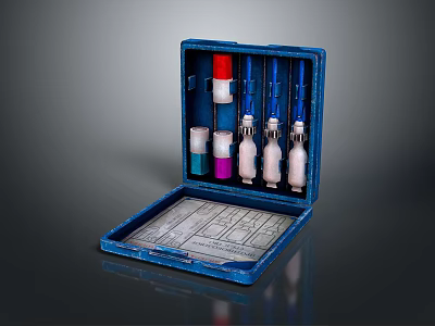 Blue Medical Ampoule Case With Colorful Vials And Instruction Sheet Inside 3d model