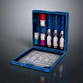 Blue Medical Ampoule Case With Colorful Vials And Instruction Sheet Inside