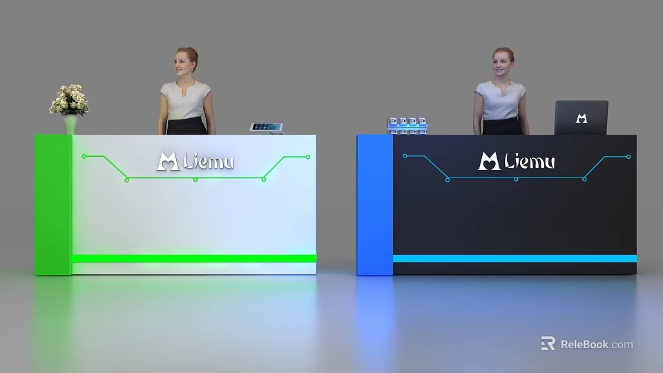 Modern Miemu Reception Desks With Green Blue Design And Staff Standing 3d model 