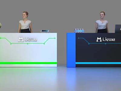 Modern Miemu Reception Desks With Green Blue Design And Staff Standing 3d model