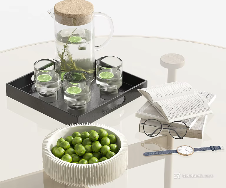 Decorative Ornament Collection with Black Tray Glass Pitcher Lime Glasses Books Green Pea Bowl Watch 3d model 