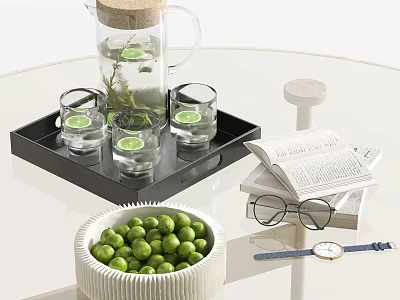Decorative Ornament Collection with Black Tray Glass Pitcher Lime Glasses Books Green Pea Bowl Watch 3d model