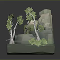Wood And Stone Natural Decorative Scene With Trees Rocks Greenery And Small Flowers