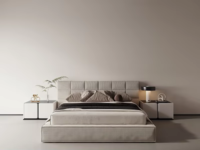 Modern Minimalist Double Bed with Upholstered Headboard Pillows and Nightstands Vase Plant Table Lamp Light Wall Gray Floor 3d model