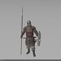 Medieval Armored Warrior Holding Spear And Shield Standing On Grey Background 3d model
