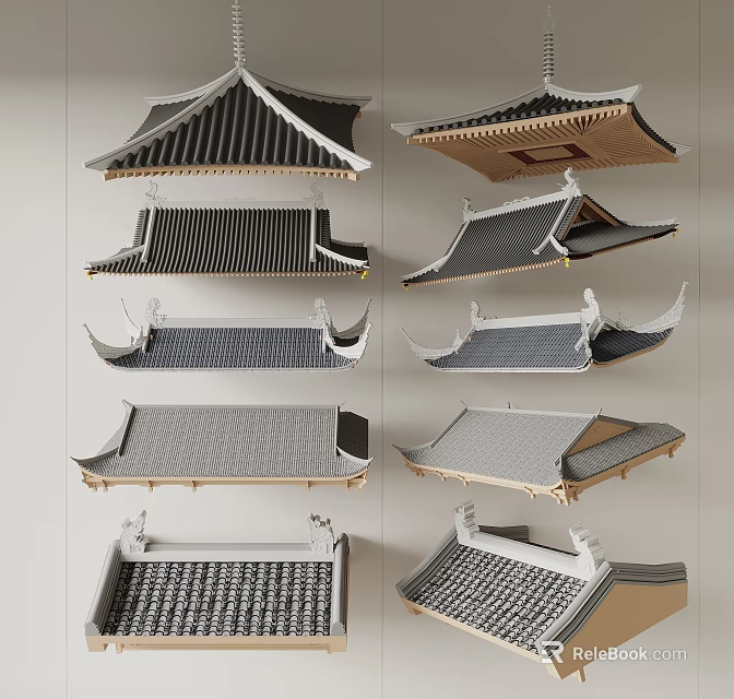 Display Of Traditional Chinese Architectural Roof Components With Diverse Designs 3d model 