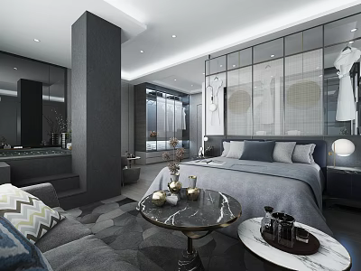 Modern Hotel Room Interior With Comfortable Bed Sofa And Marble Coffee Table 3d model
